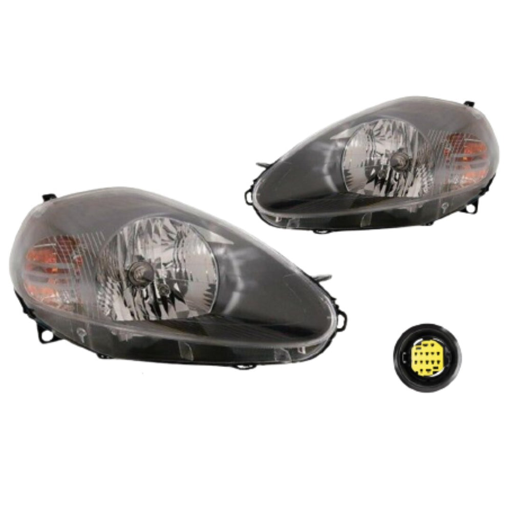 COPPIA FARI FIAT GRANDE PUNTO PARABOLA NERA 2005 2008 Sx Dx 7 PIN CONN. GIALLO