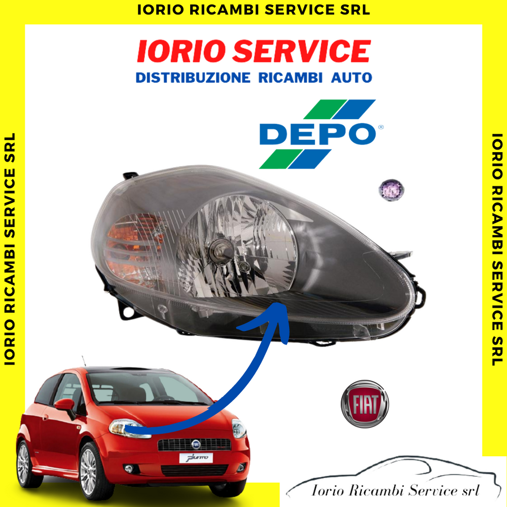 FARO DESTRO FIAT GRANDE PUNTO PARABOLA GRIGIO SCURA 2008> CONN. VIOLA H4 7 PIN