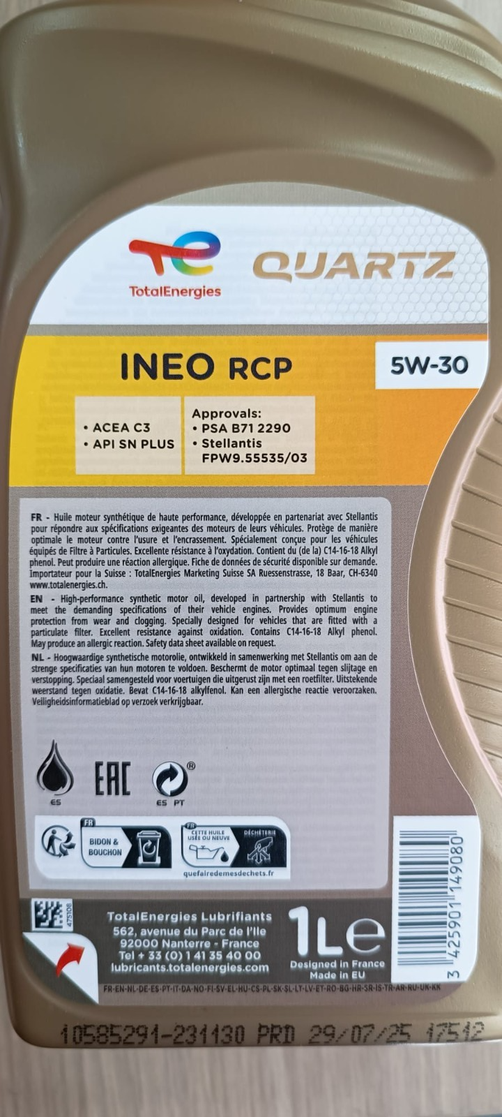 4 LT TOTAL QUARTZ INEO RCP OLIO MOTORE 5W30 ACEA C3 API SN PLUS - PFW 9.555.5/03