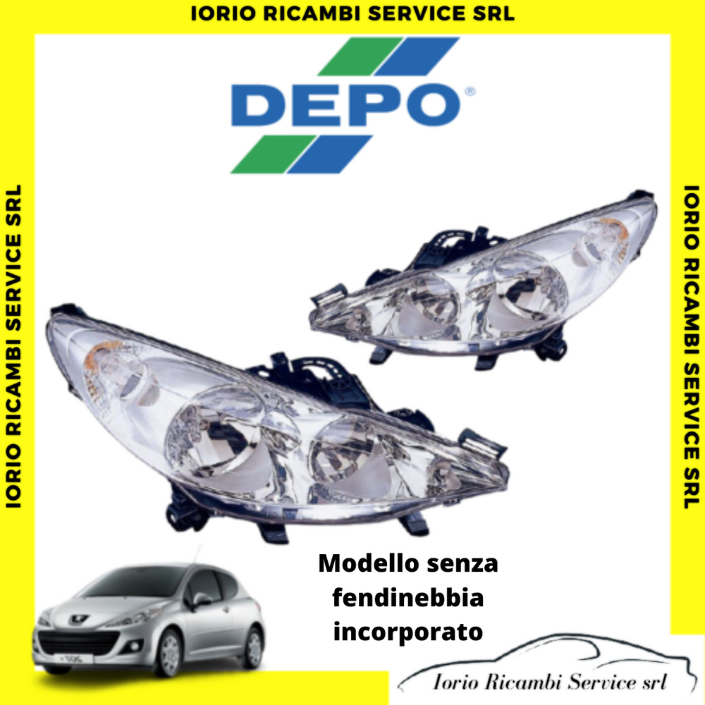 COPPIA FARI PROIETTORI PEUGEOT 207 SENZA FENDINEBBIA INCORPORATI PARABOLA CROMO