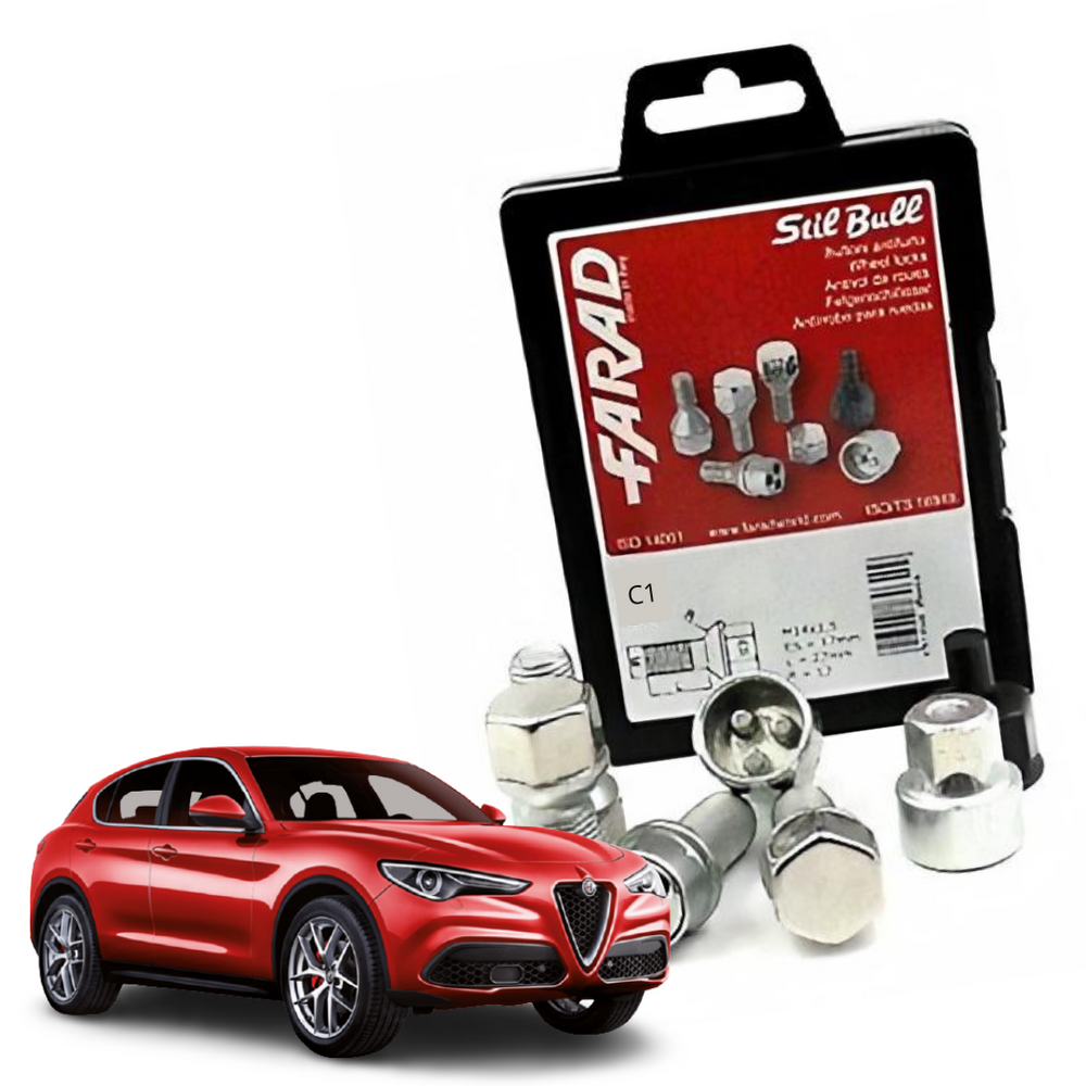 KIT 4 BULLONI IN ACCIAIO ANTIFURTO AUTO per ALFA STELVIO CERCHI IN LEGA FARAD C1