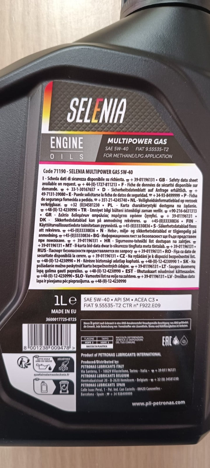 3 LITRI OLIO MOTORE SELENIA MULTIPOWER GAS 5W40 GPL LPG METANO FIAT 9.55535-T2