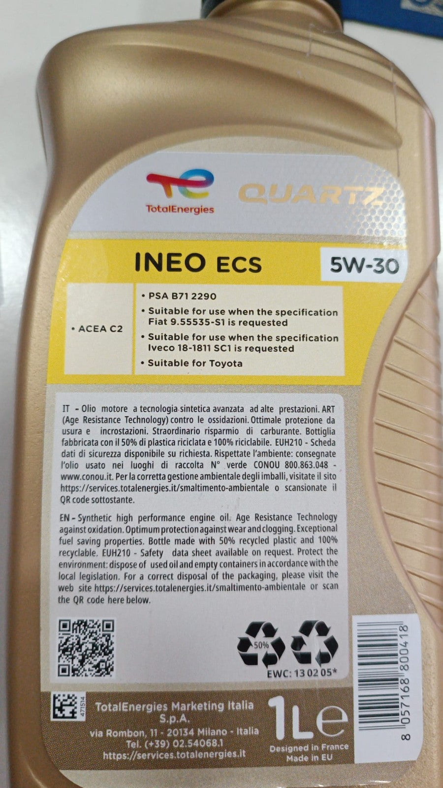 5 LT TOTAL QUARTZ INEO ECS OLIO MOTORE 5W30 ACEA C2 PSA B712290
