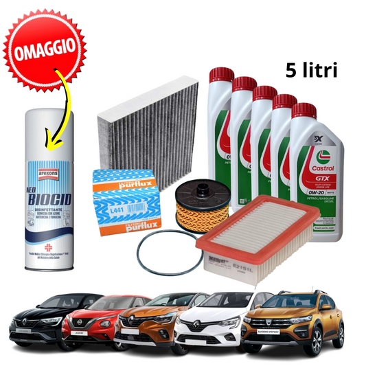 KIT TAGLIANDO 5 LT OLIO CASTOL 0W20 + 3 FILTRI CLIO V CAPTUR II MOTORI 1.0 1.3