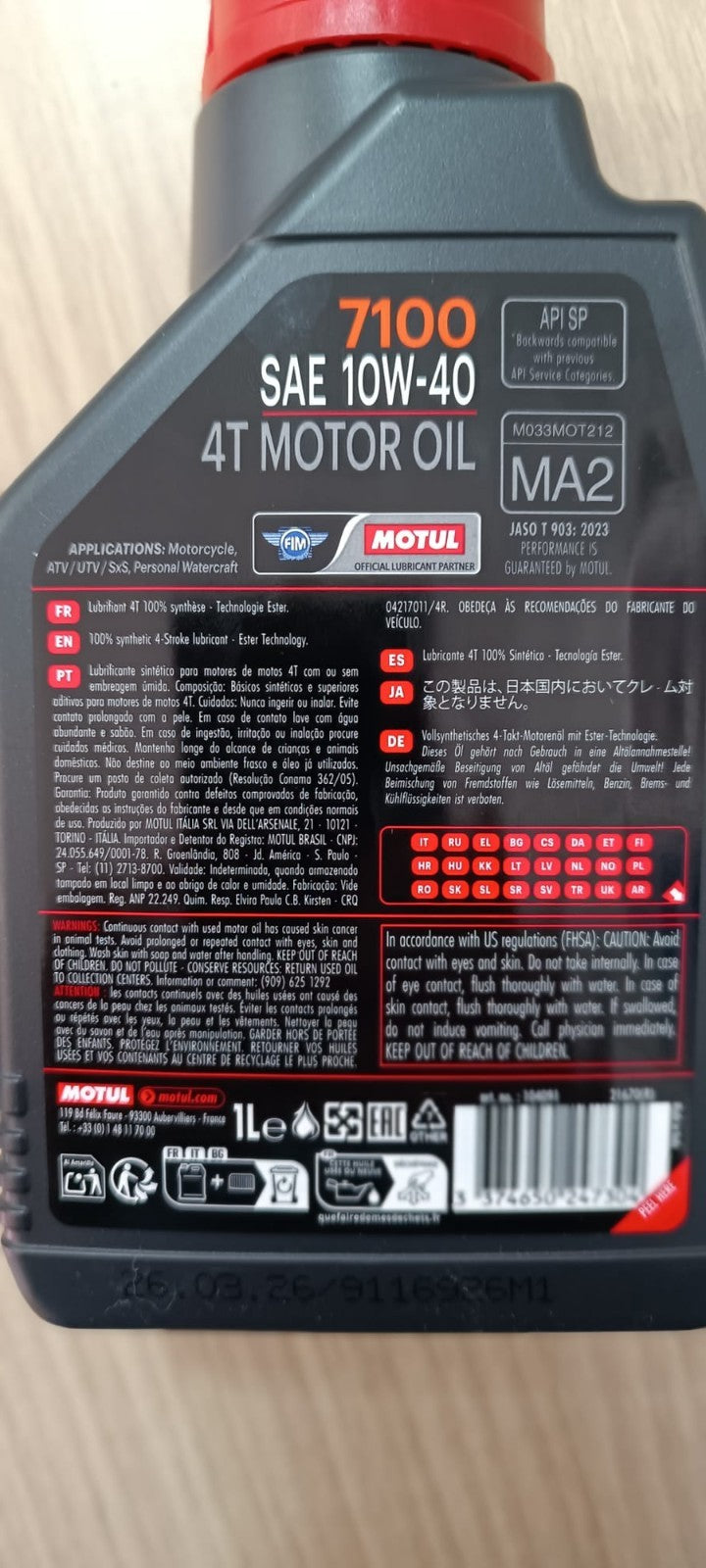 3 LITRI MOTUL 7100 10W40 MA2 4T OLIO MOTORE 100% SINTETICO API SG/SH/SJ/SL/SM/SN