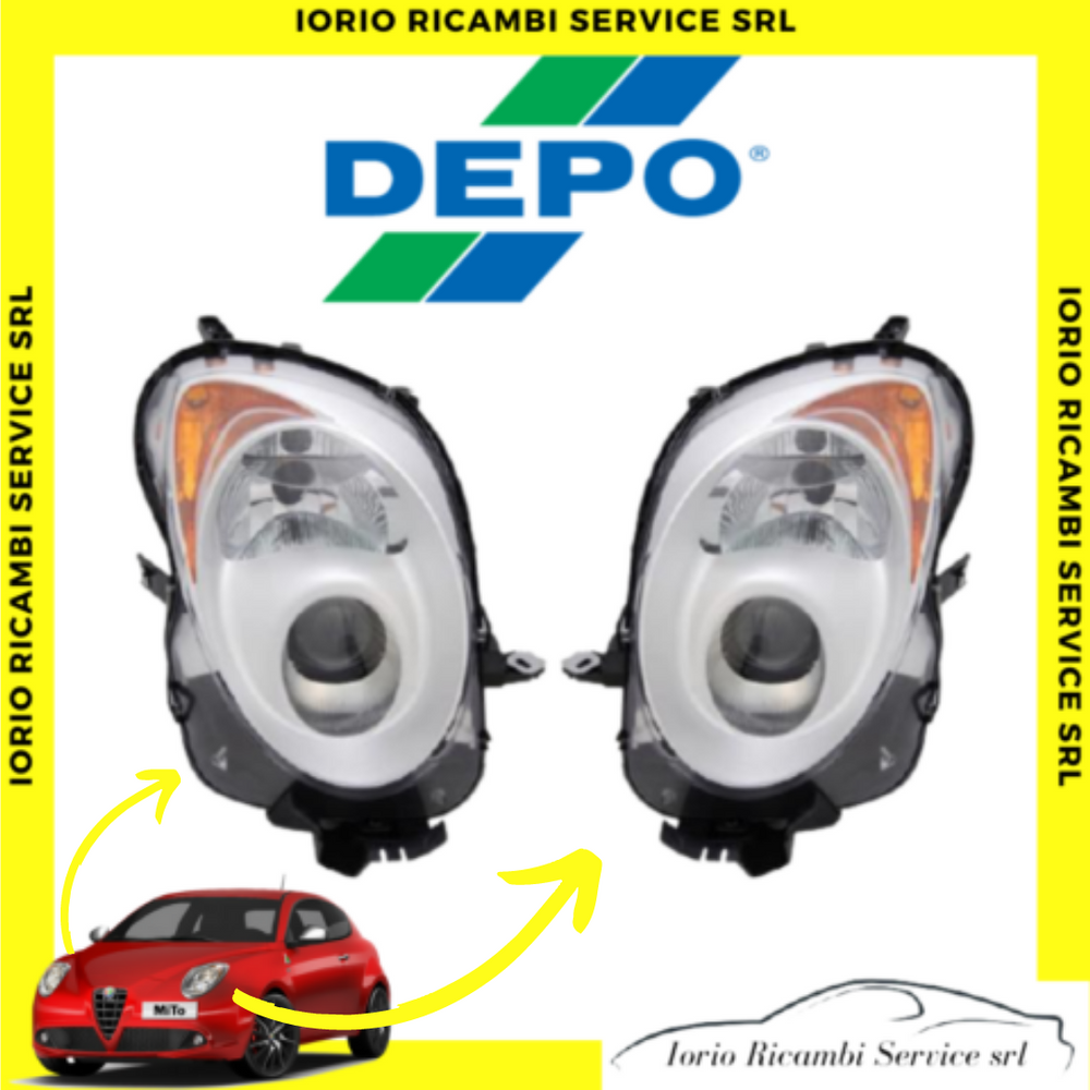 COPPIA FARI ALFA ROMEO MITO FANALI PROIETTORI ANTERIORI PARABOLA CROMATA C/MOTOR