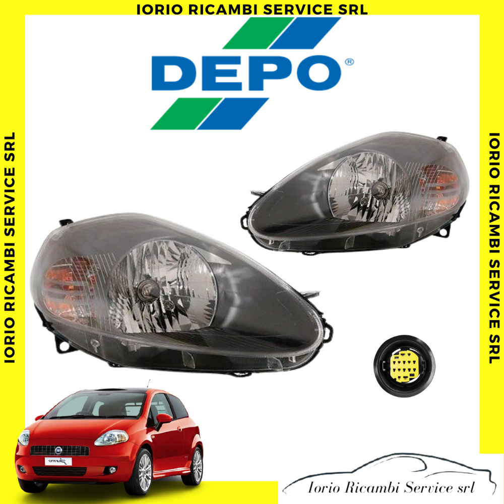 COPPIA FARI FIAT GRANDE PUNTO PARABOLA NERA 2005 2008 Sx Dx 7 PIN CONN. GIALLO