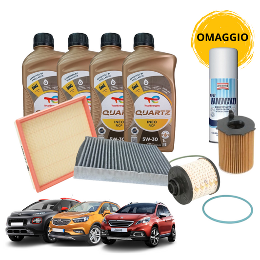 KIT TAGLIANDO 4 LT OLIO TOTAL 5W30 INEO RCP  + 4 FILTRI MOTORI PSA 1500 BLUE HDI