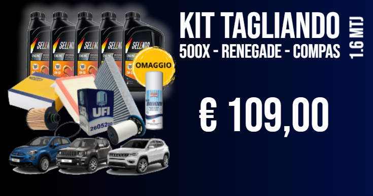 Kit tagliando con olio Selenia 0W30 e filtri per Fiat 500X, Jeep Renegade e Compass 1.6 MJT